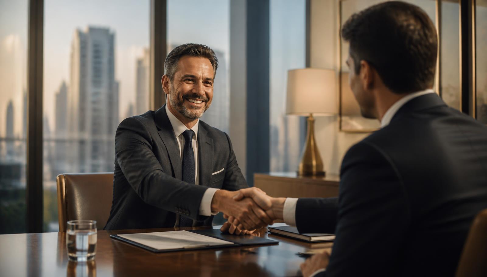 Successful business owner shaking hands closing the sale of his company