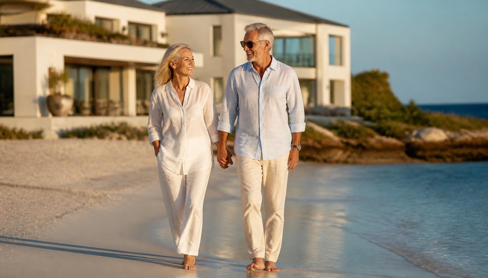 Retired couple walking along a private beach at golden hour