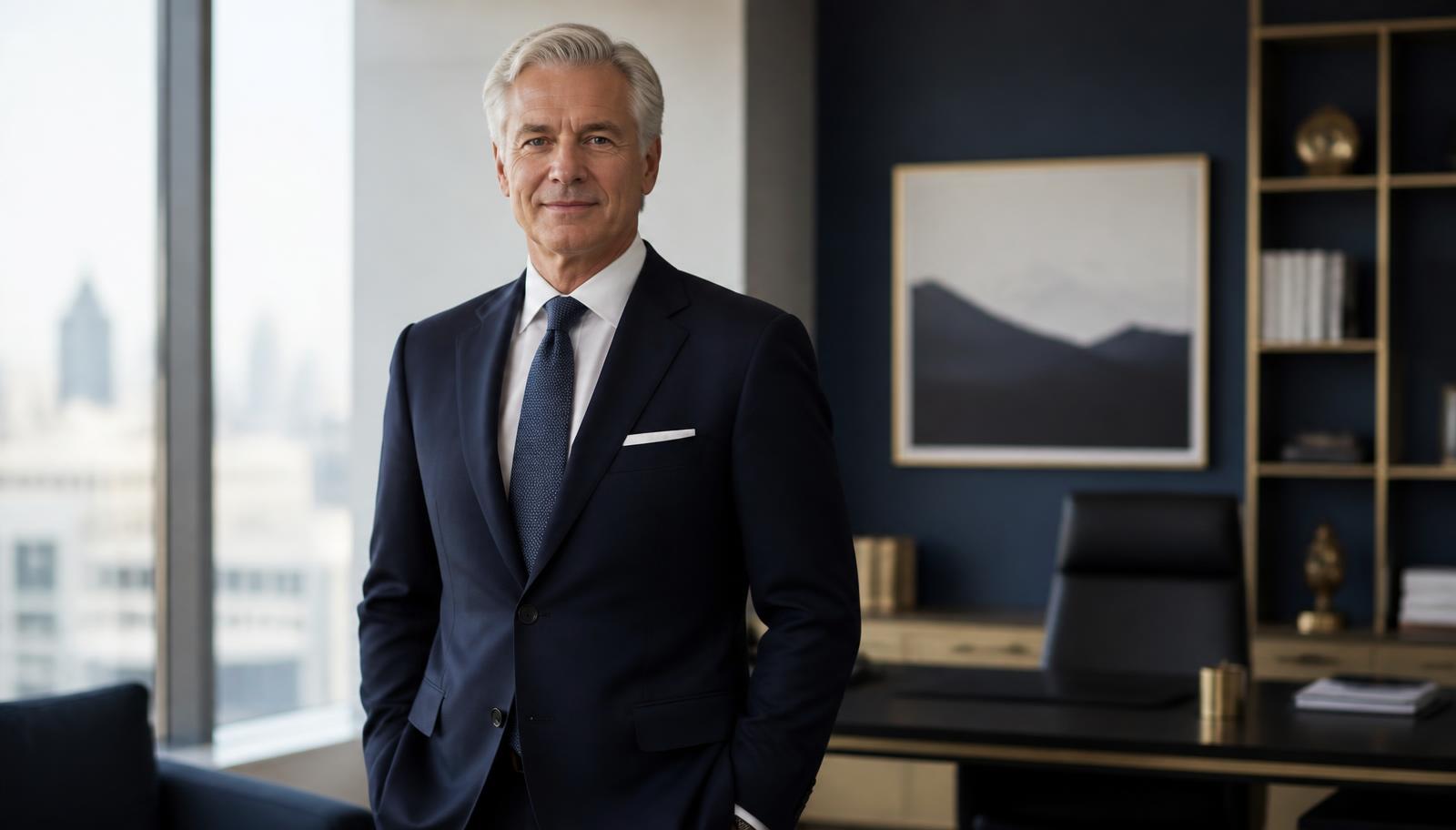 Senior corporate executive standing in a minimalist office