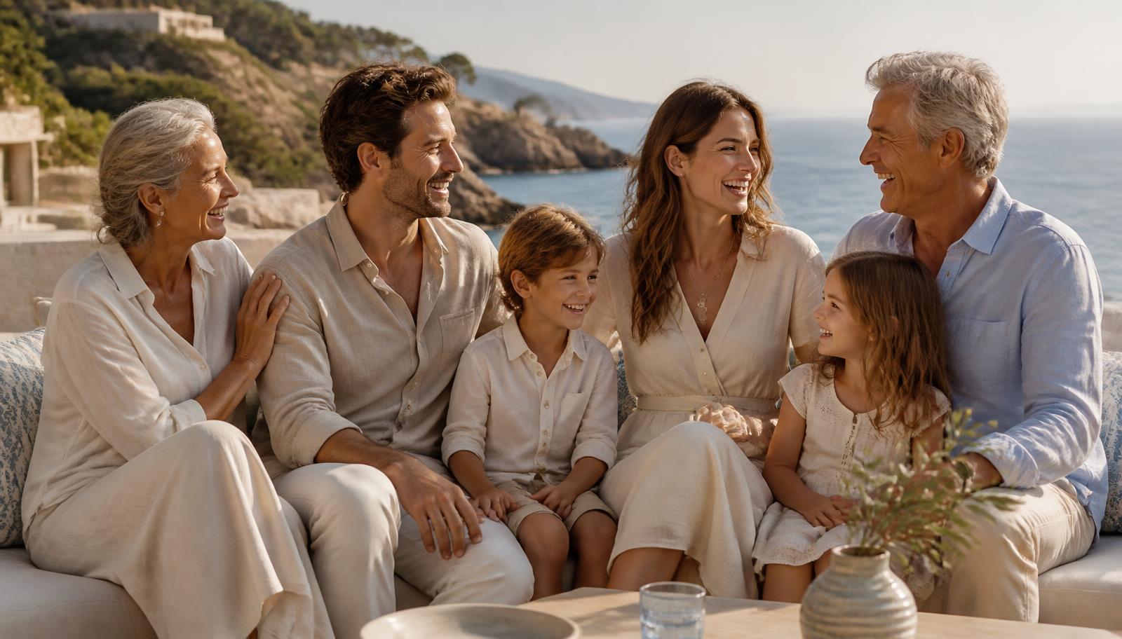 Three generations of a family laughing together on a seaside terrace