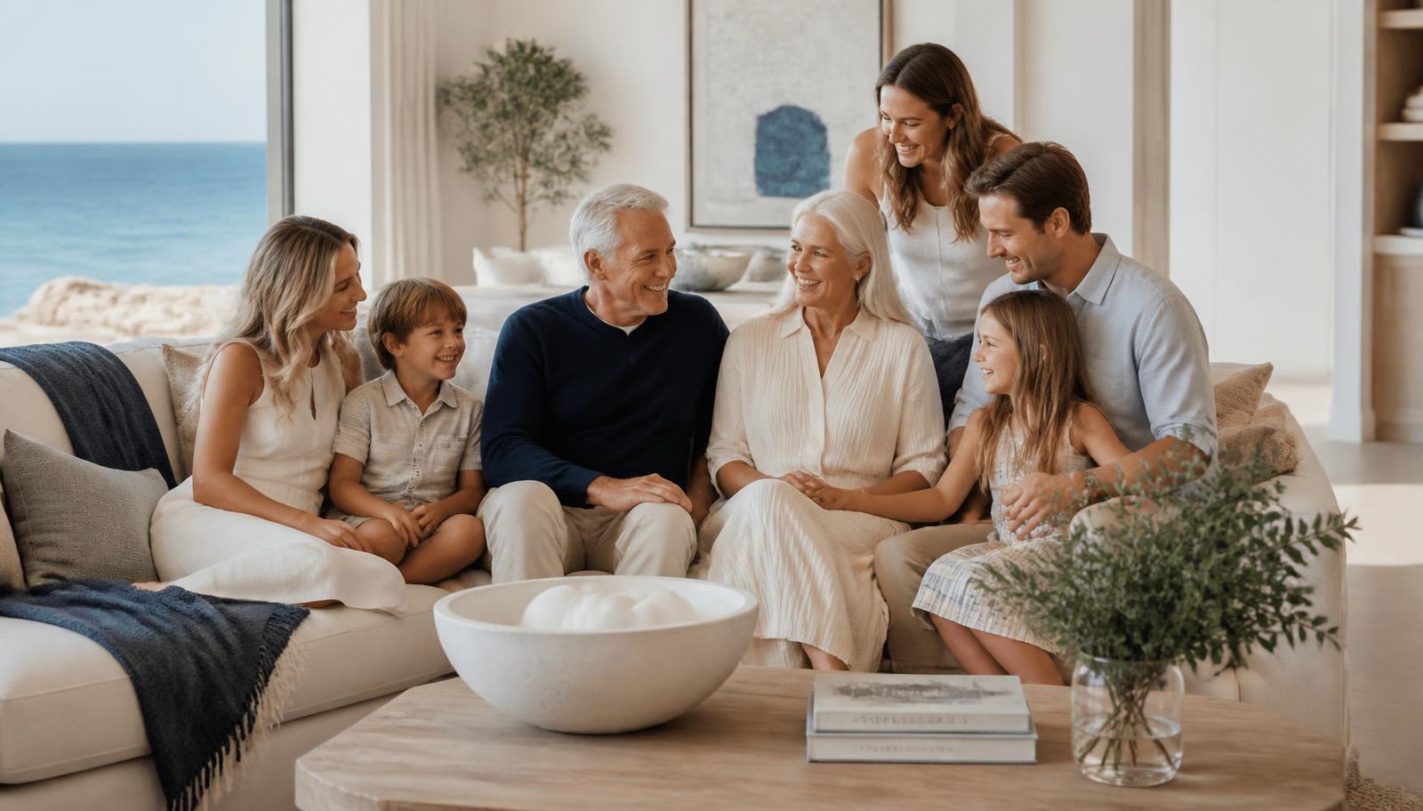 Multigenerational family gathered in the living room of a coastal home