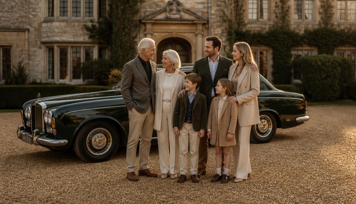 Grandparents, parents and grandchildren beside a classic car at a family estate